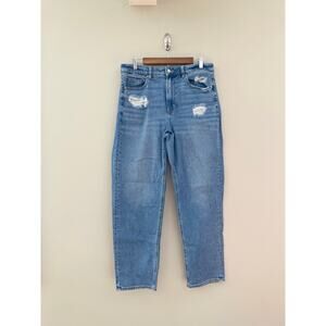 AMERICAN EAGLE Stretch Medium Wash Distressed Mom Straight Jean Size 12 Long